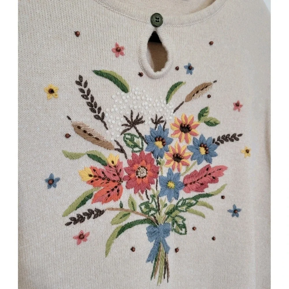 Alfred Dunner Embroidered Beaded Spring Floral Sweater‎ Knit Womens Large Granny